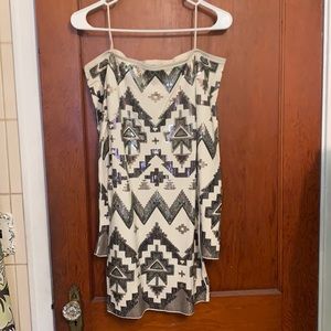 Sequined off the shoulder long sleeve Aztec dress